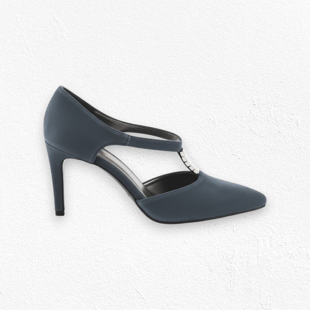 Vintage 80s Navy Blue Suede T Strap Italian Pointed Toe Heels Size 36 Italy